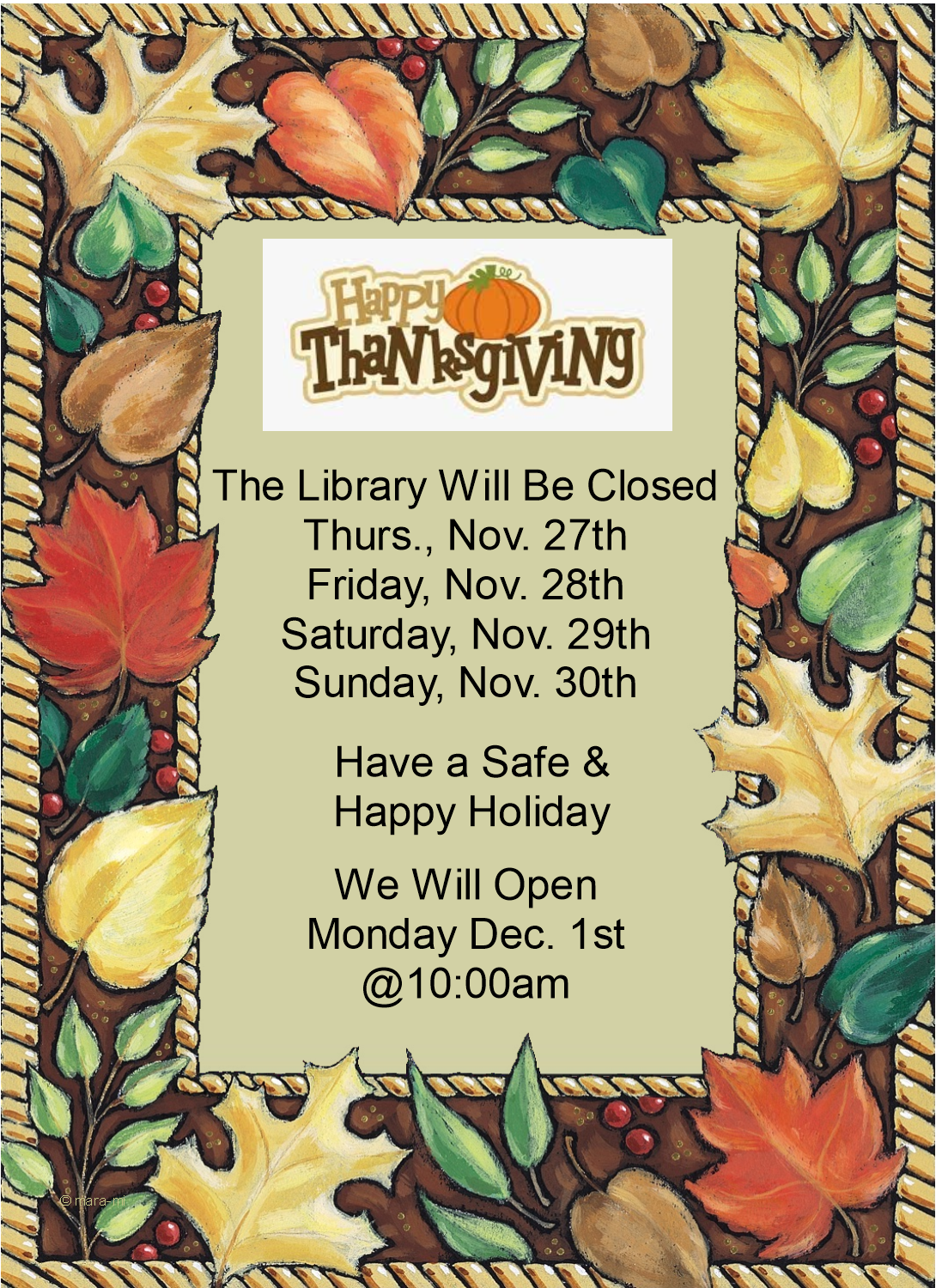 Thanksgiving Holiday Closings